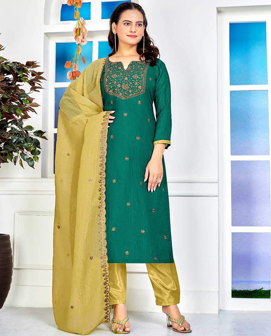 Sea green material churidar catalouge floral embroidered top with plain bottom & floral embroidered dupatta