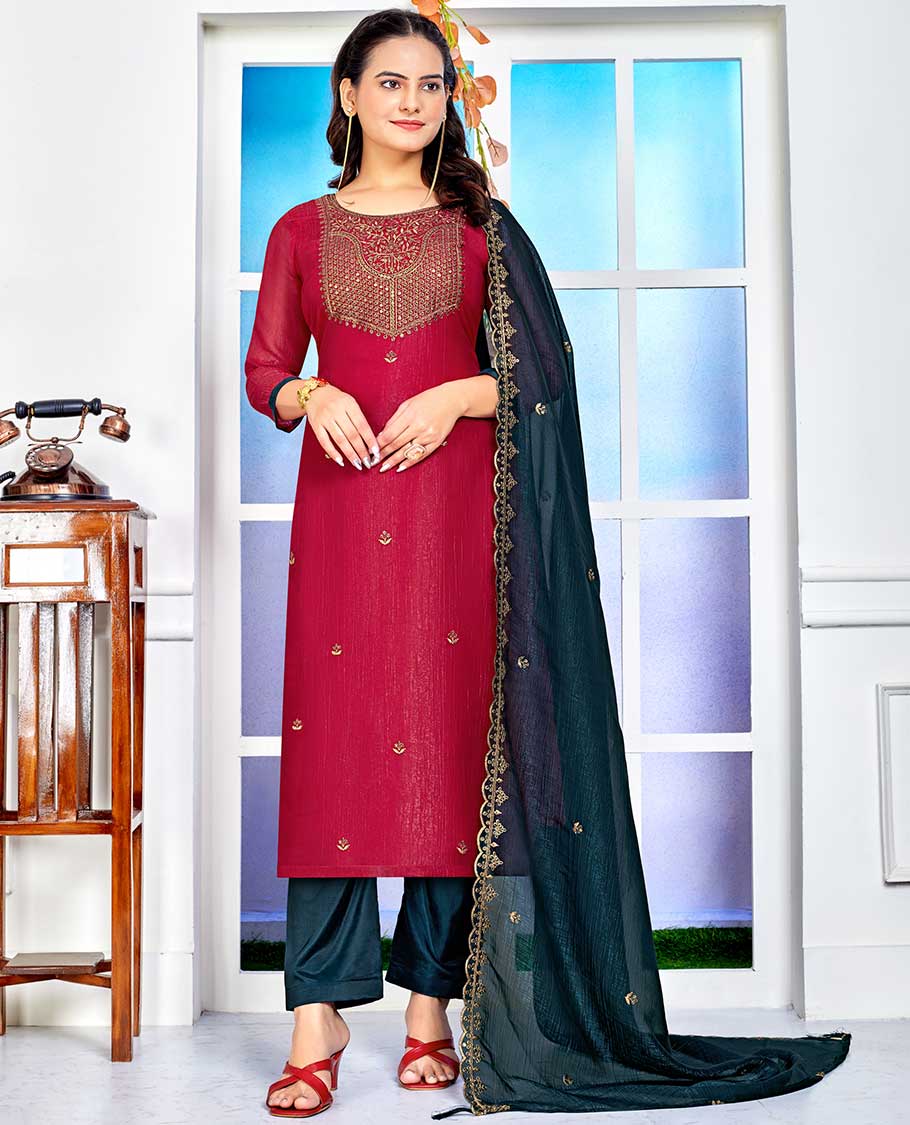 Red material churidar catalouge floral embroidered top with plain bottom & floral embroidered dupatta