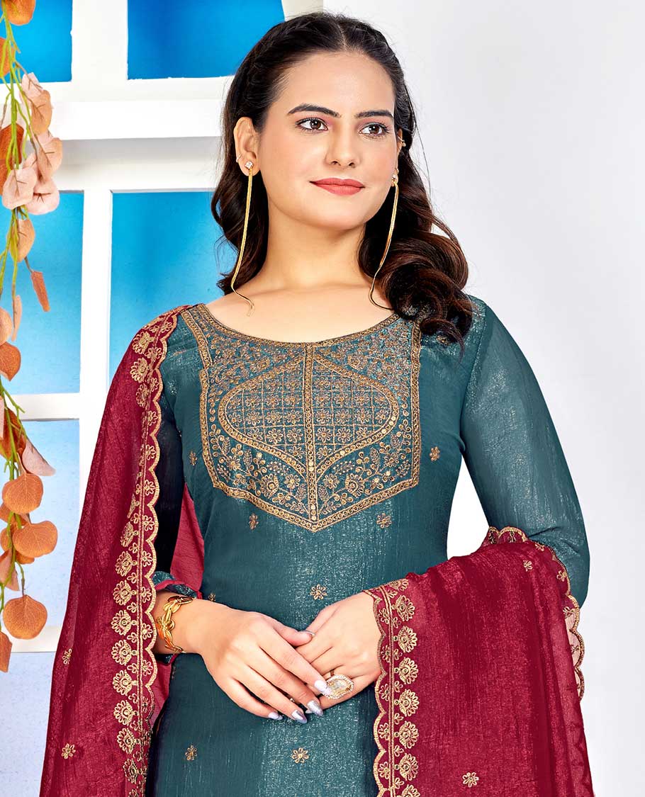 Blue material churidar catalouge floral embroidered top with plain bottom & floral embroidered dupatta