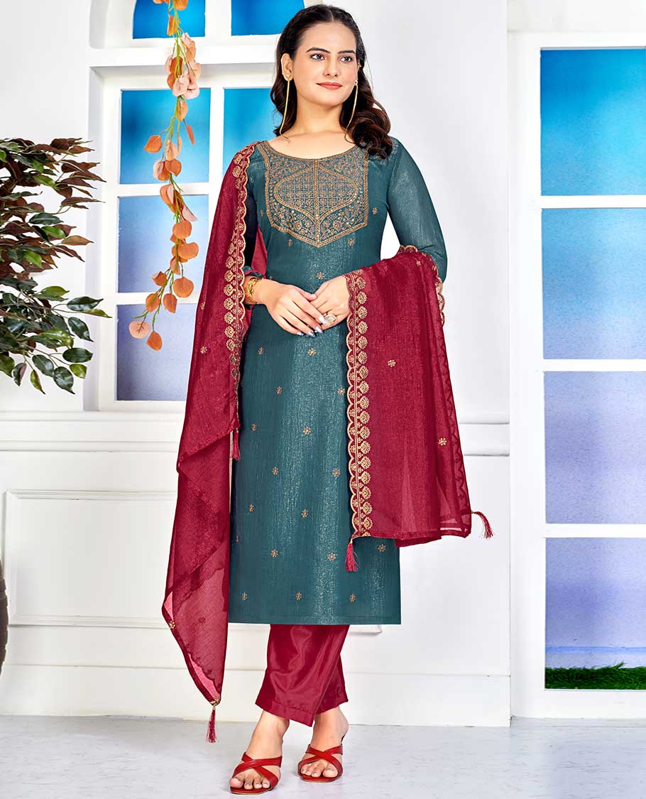 Blue material churidar catalouge floral embroidered top with plain bottom & floral embroidered dupatta