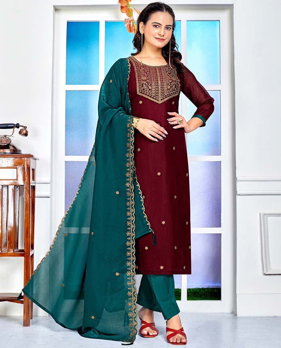 maroon material churidar catalouge floral embroidered top with plain bottom & floral embroidered dupatta