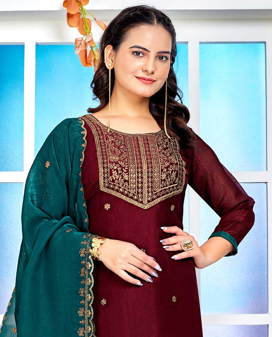 maroon material churidar catalouge floral embroidered top with plain bottom & floral embroidered dupatta