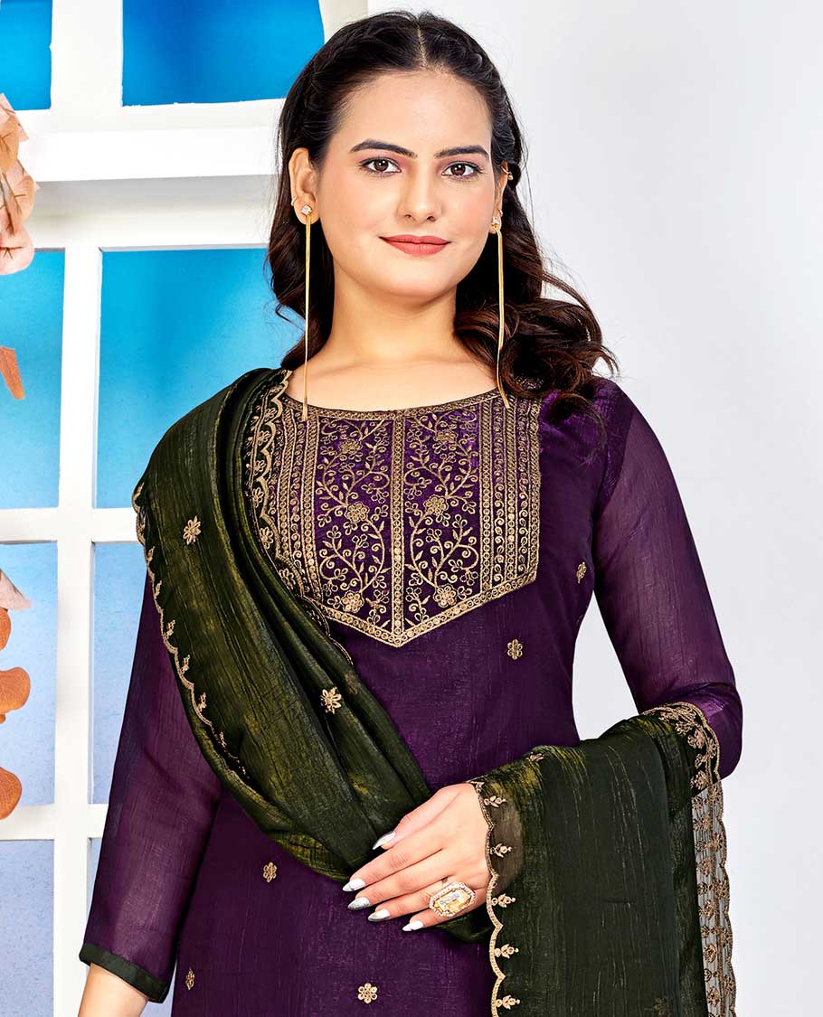 Violet material churidar catalouge floral embroidered top with plain bottom & floral embroidered dupatta