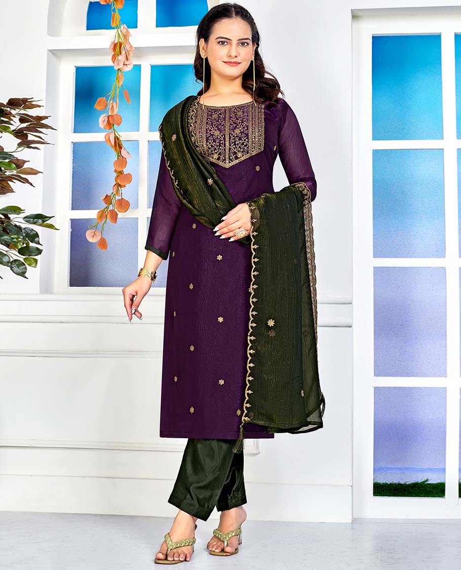 Violet material churidar catalouge floral embroidered top with plain bottom & floral embroidered dupatta