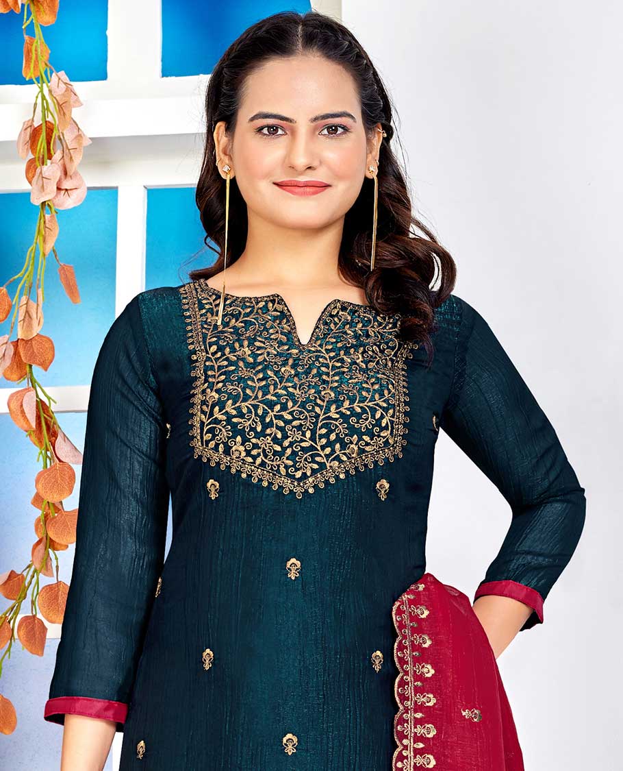 Blue material churidar catalouge floral embroidered top with plain bottom & floral scallop border dupatta