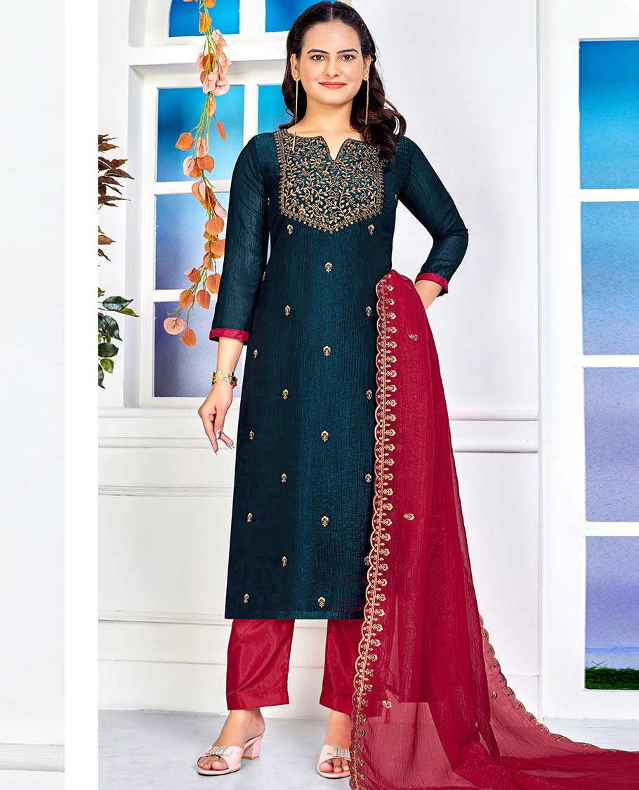 Blue material churidar catalouge floral embroidered top with plain bottom & floral scallop border dupatta
