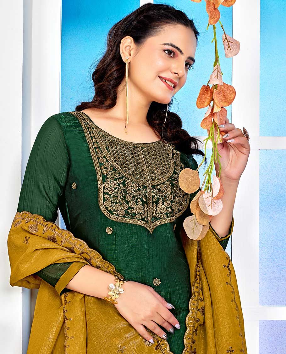 Dark green material churidar catalouge floral embroidered top with plain bottom & floral embroidered dupatta