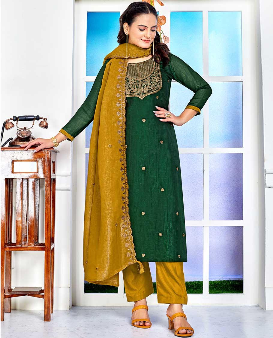 Dark green material churidar catalouge floral embroidered top with plain bottom & floral embroidered dupatta