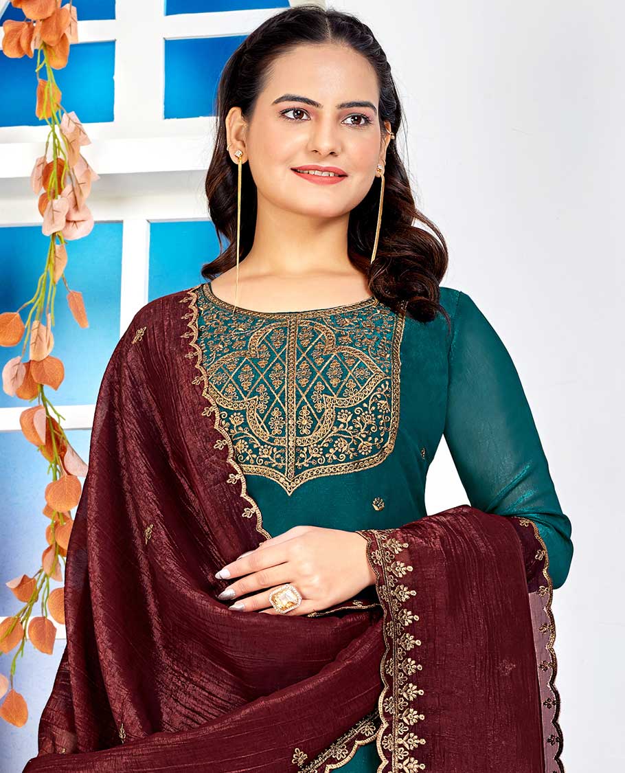 Blue material churidar catalouge floral embroidery with plain bottom & floral, scallop border dupatta