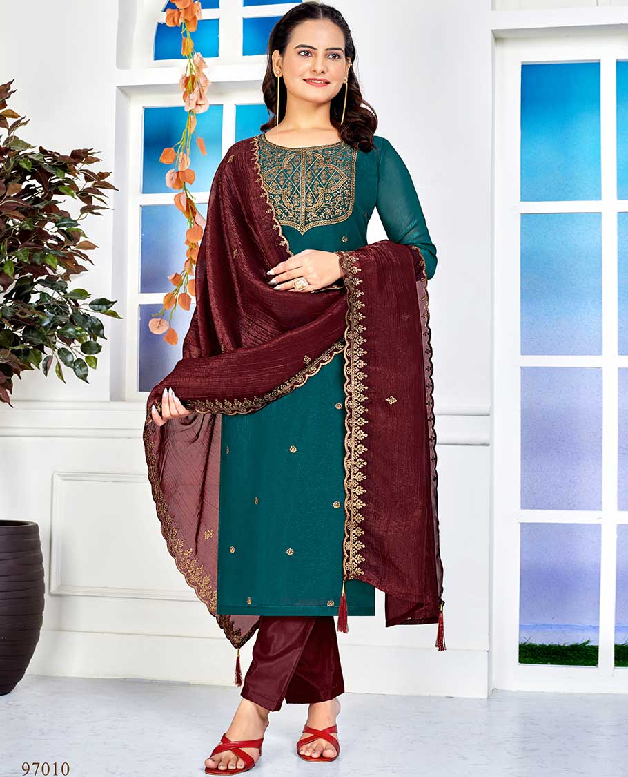 Blue material churidar catalouge floral embroidery with plain bottom & floral, scallop border dupatta