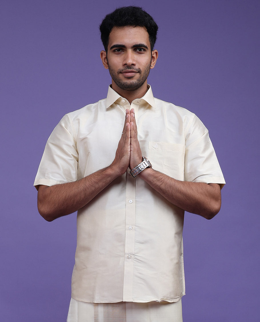 Light sandal plain design half-sleeve pure-silk shirt