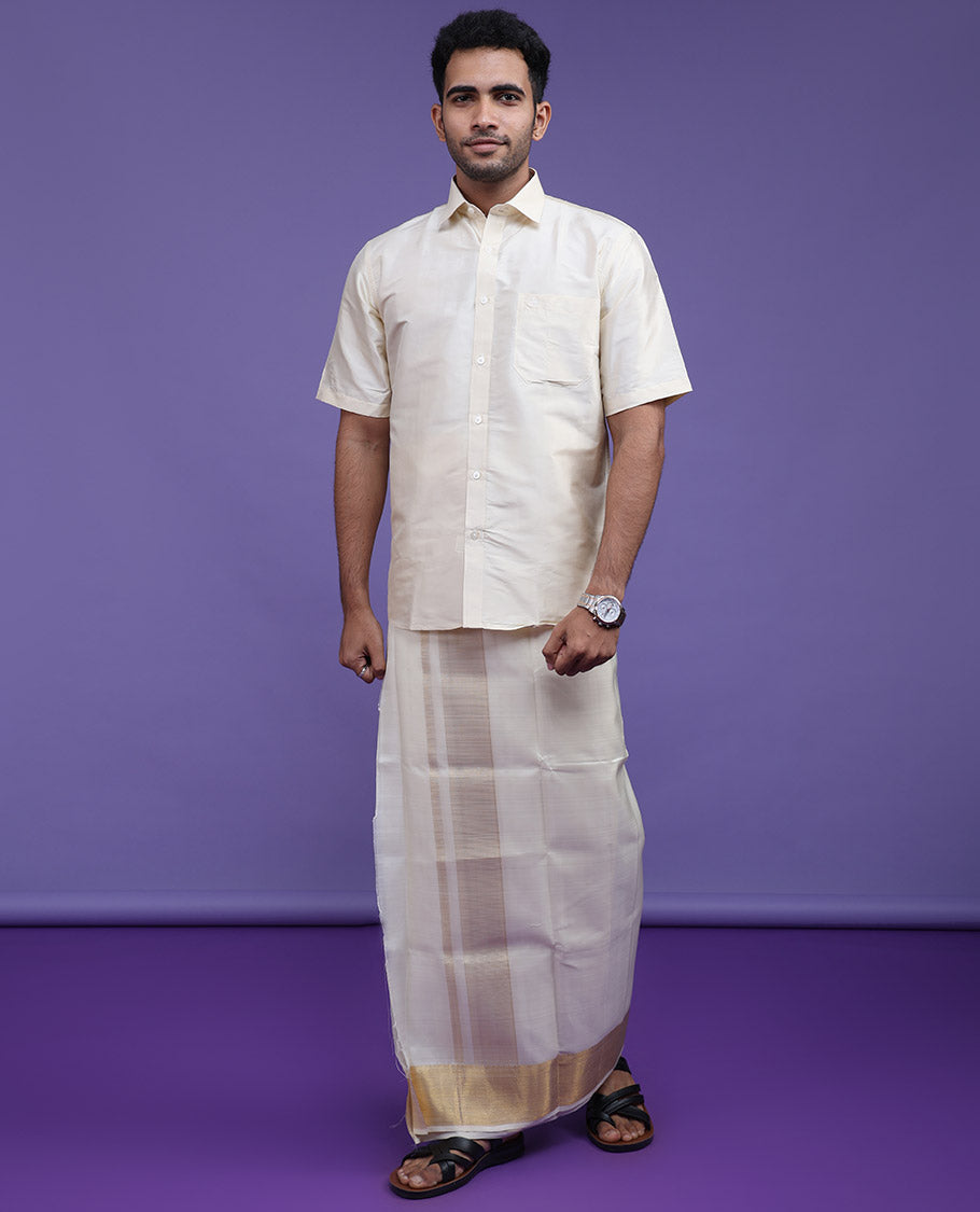 Light sandal plain design half-sleeve pure-silk shirt