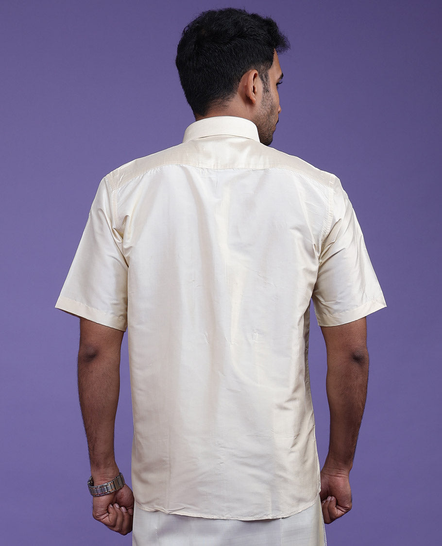 Light sandal plain design half-sleeve pure-silk shirt