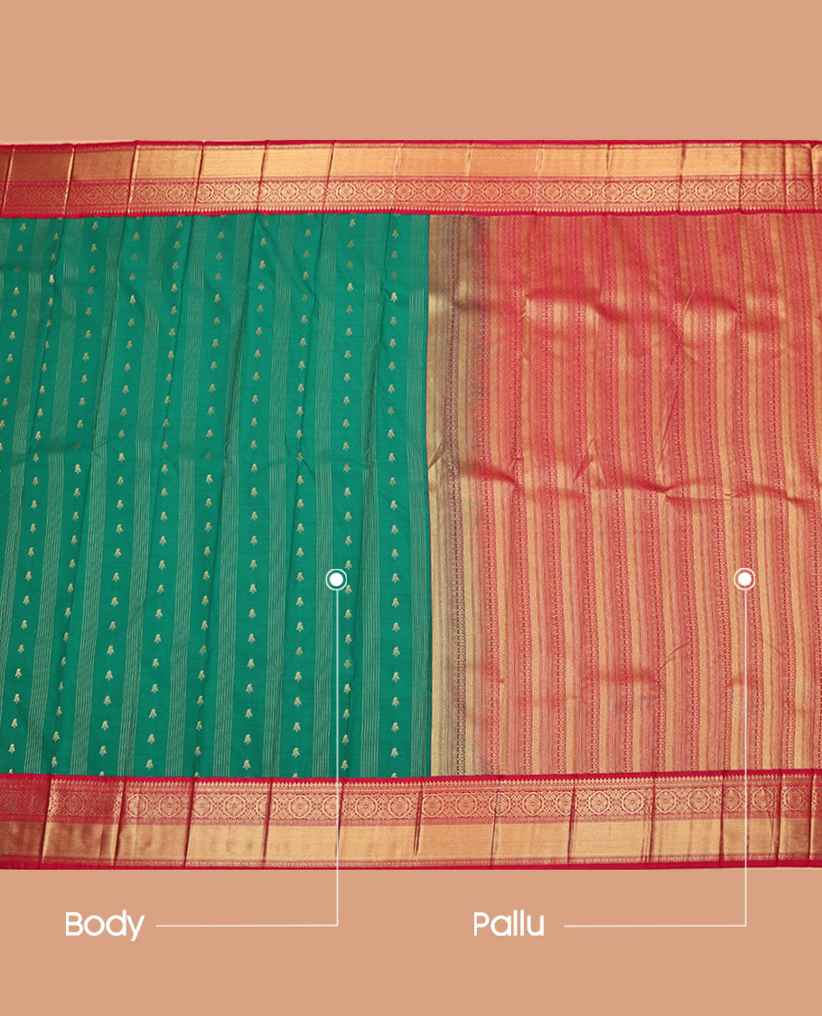 Green Budget Silk Saree, Masterfully Woven with Zari Buttas and Stripes All Over Its Body, Complemented by a Contrast Traditional Zari Design Border, Grand Geometric-Patterns Pallu, and Paired with a Contrast Blouse