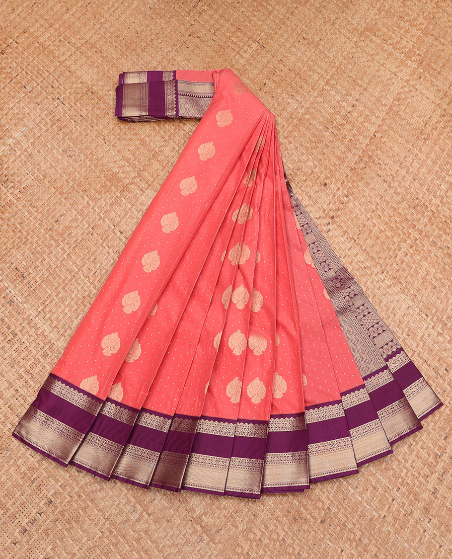 Pink Budget Silk Saree, Mesmerized with Zari Buttas, Complemented by a Contrast Traditional Zari Rettai Pettu Border, Grand Pallu, and a Contrast Blouse