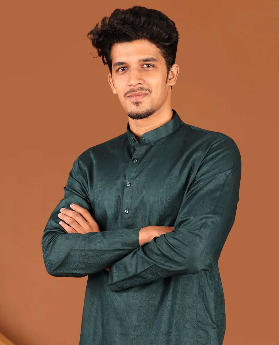 Bottle Green Embossed Full-Sleeved Men's Kurta