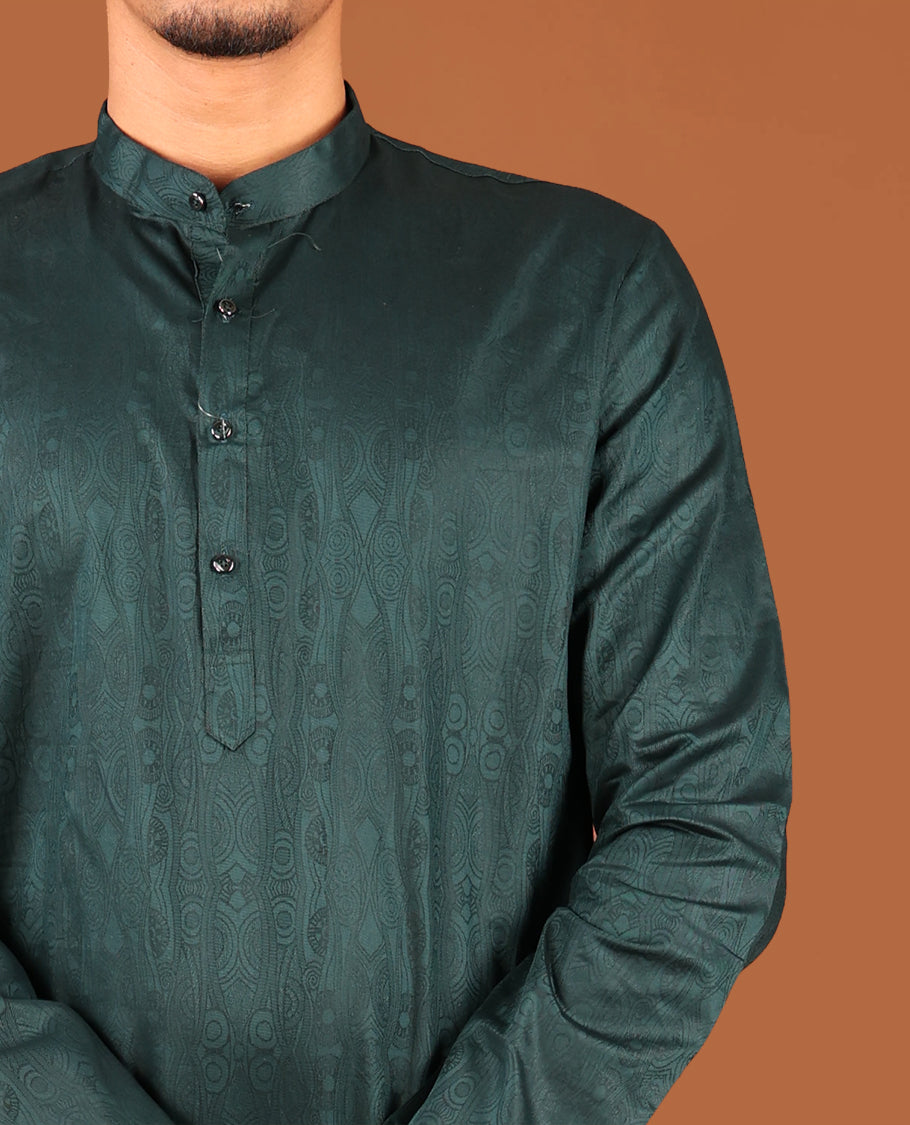 Bottle Green Embossed Full-Sleeved Men's Kurta