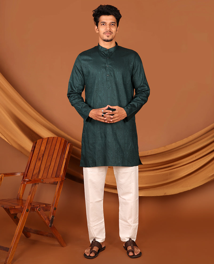 Bottle Green Embossed Full-Sleeved Men's Kurta