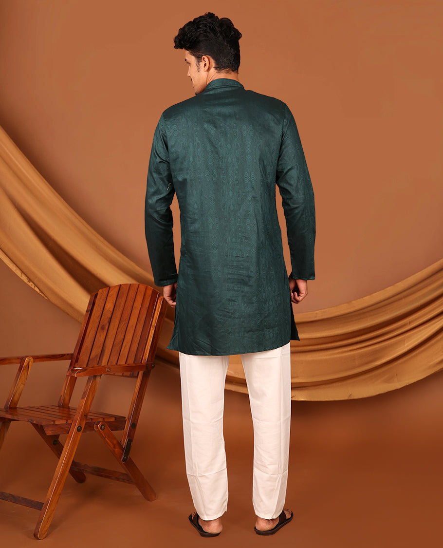 Bottle Green Embossed Full-Sleeved Men's Kurta