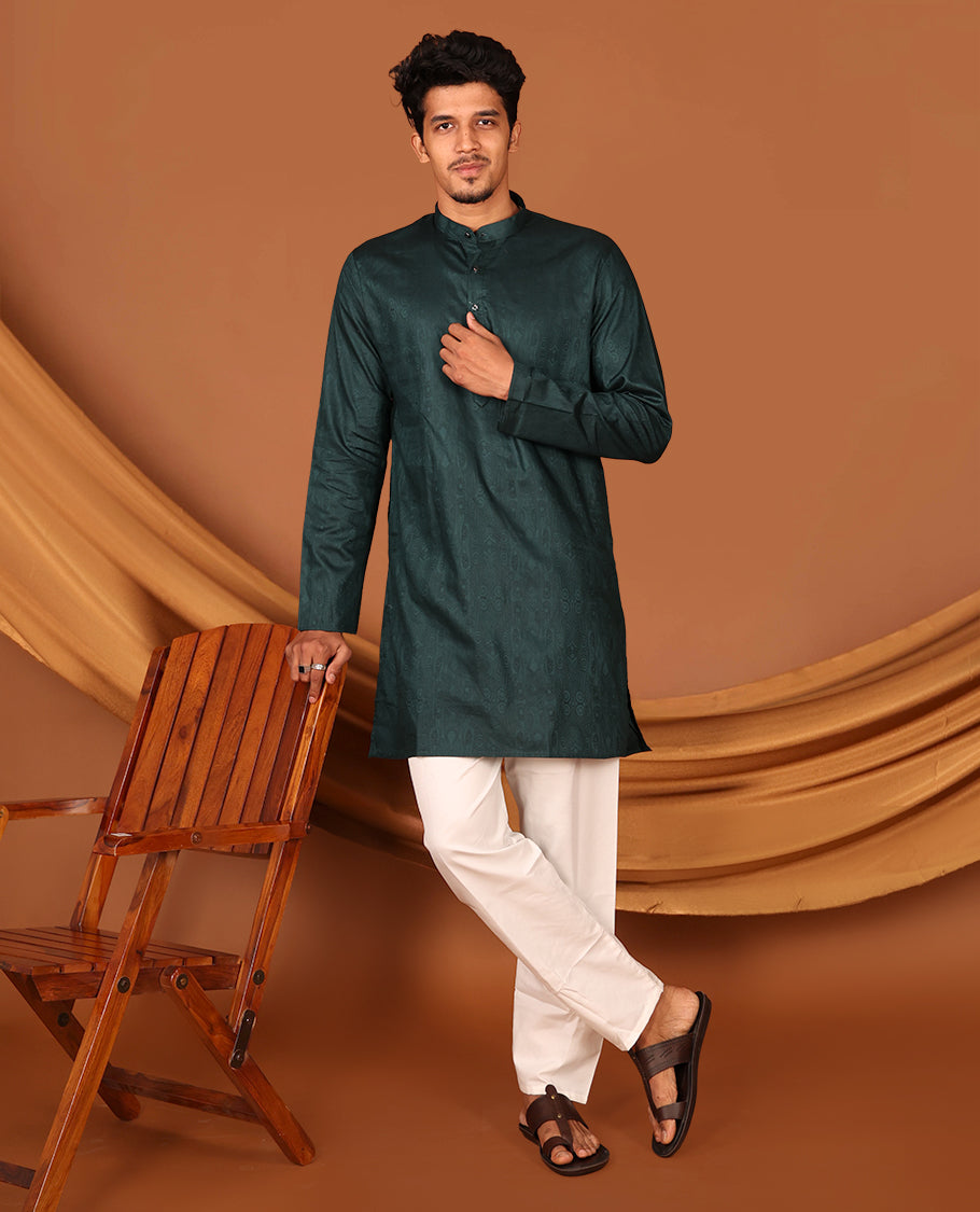 Bottle Green Embossed Full-Sleeved Men's Kurta