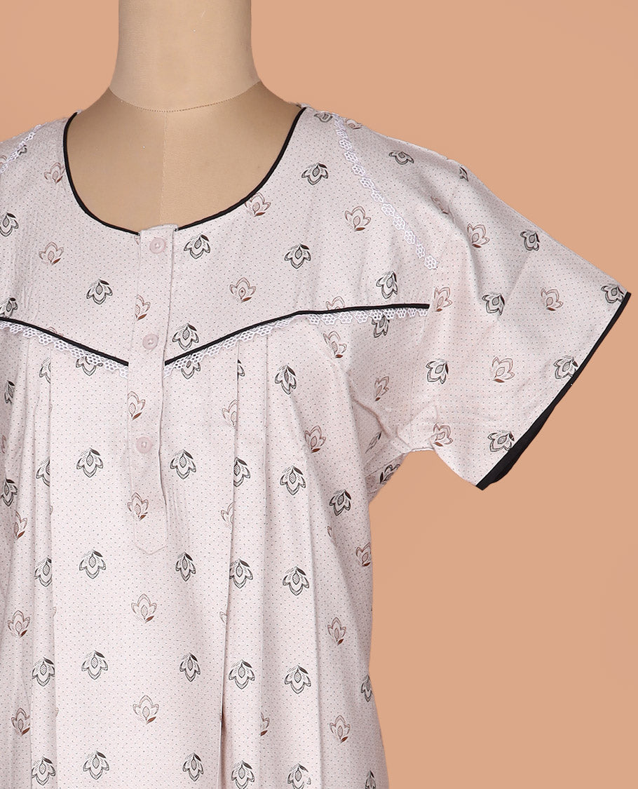 Cream flora-geometric printed with round neck lace work half-sleeve cotton nighty