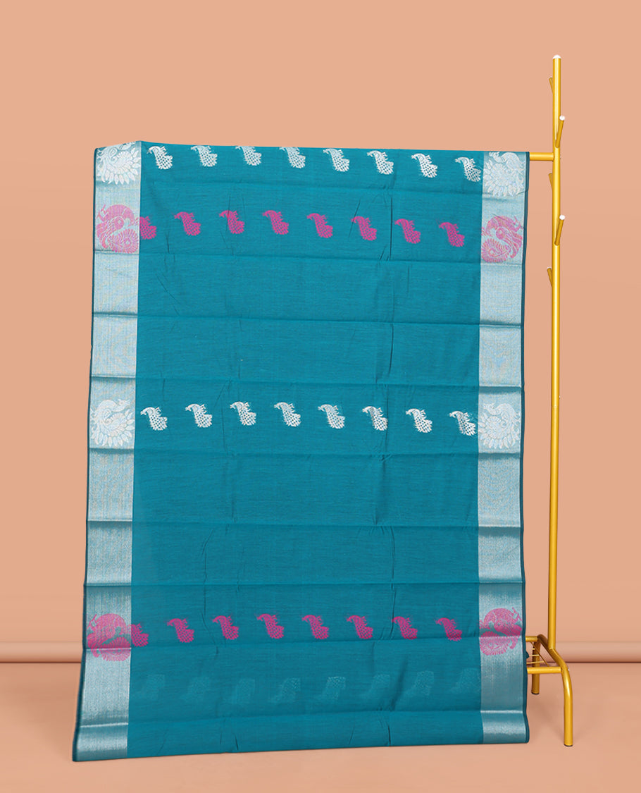 Blue Semi-Silk Cotton Saree, Beautified with Peacock Buttas All Over Its Body, Highlighted by a Zari Border of Peacocks, Pallu Woven with Peacock Designs, and Paired with a Matching Blouse