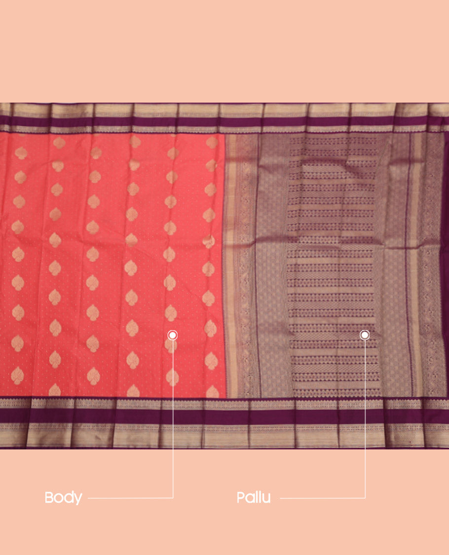Pink Budget Silk Saree, Mesmerized with Zari Buttas, Complemented by a Contrast Traditional Zari Rettai Pettu Border, Grand Pallu, and a Contrast Blouse