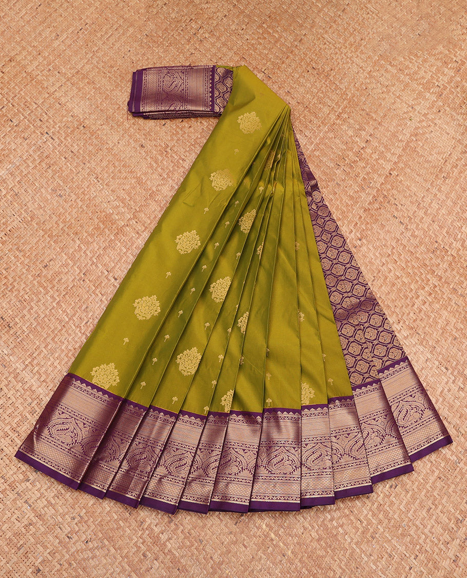 Green Budget Silk Saree, Prettified with Zari Buttas, Complemented by a Contrast Traditional Zari Border, Grand Pallu, and a Contrast Blouse