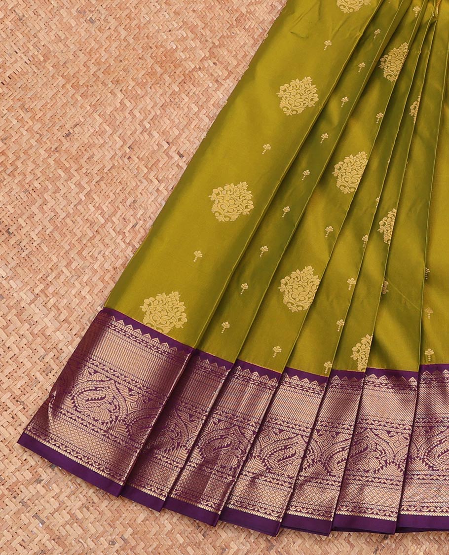 Green Budget Silk Saree, Prettified with Zari Buttas, Complemented by a Contrast Traditional Zari Border, Grand Pallu, and a Contrast Blouse