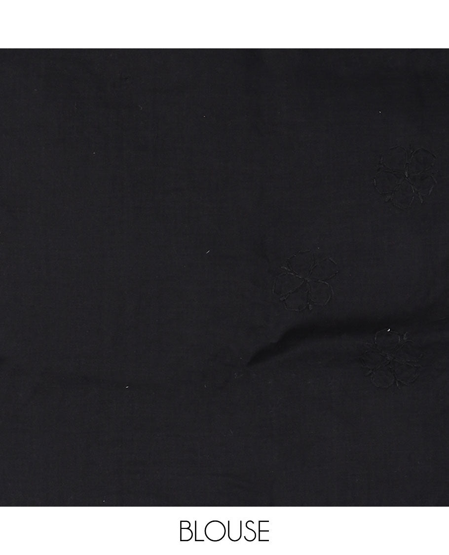 Inky black buttas thread embroidered Lucknowi chikankari saree, embroidered border, & floral & paisley embroidered pallu