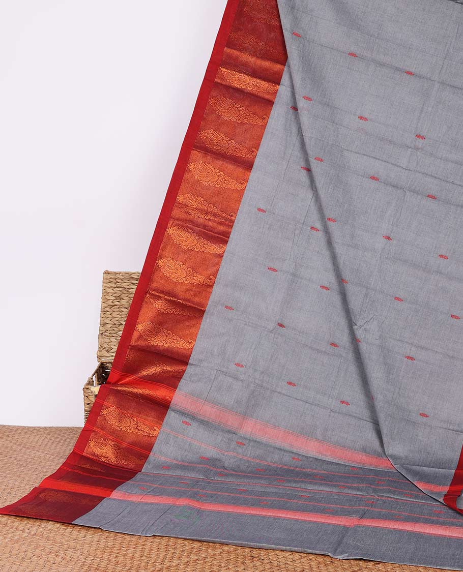 Grey buttas Chettinad cotton saree, contrast paisley border & pallu of stripes & buttas
