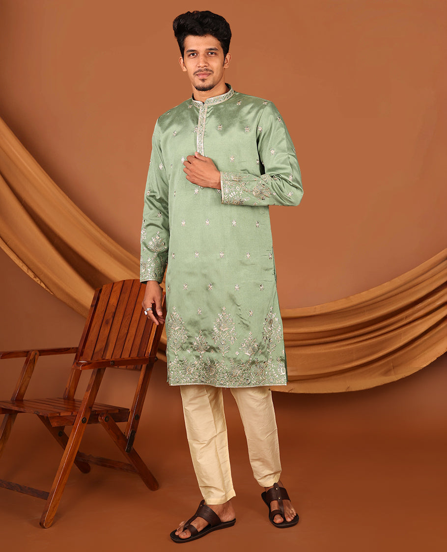 Green Floral Motifs Embroidered Full-Sleeved Men's Kurta