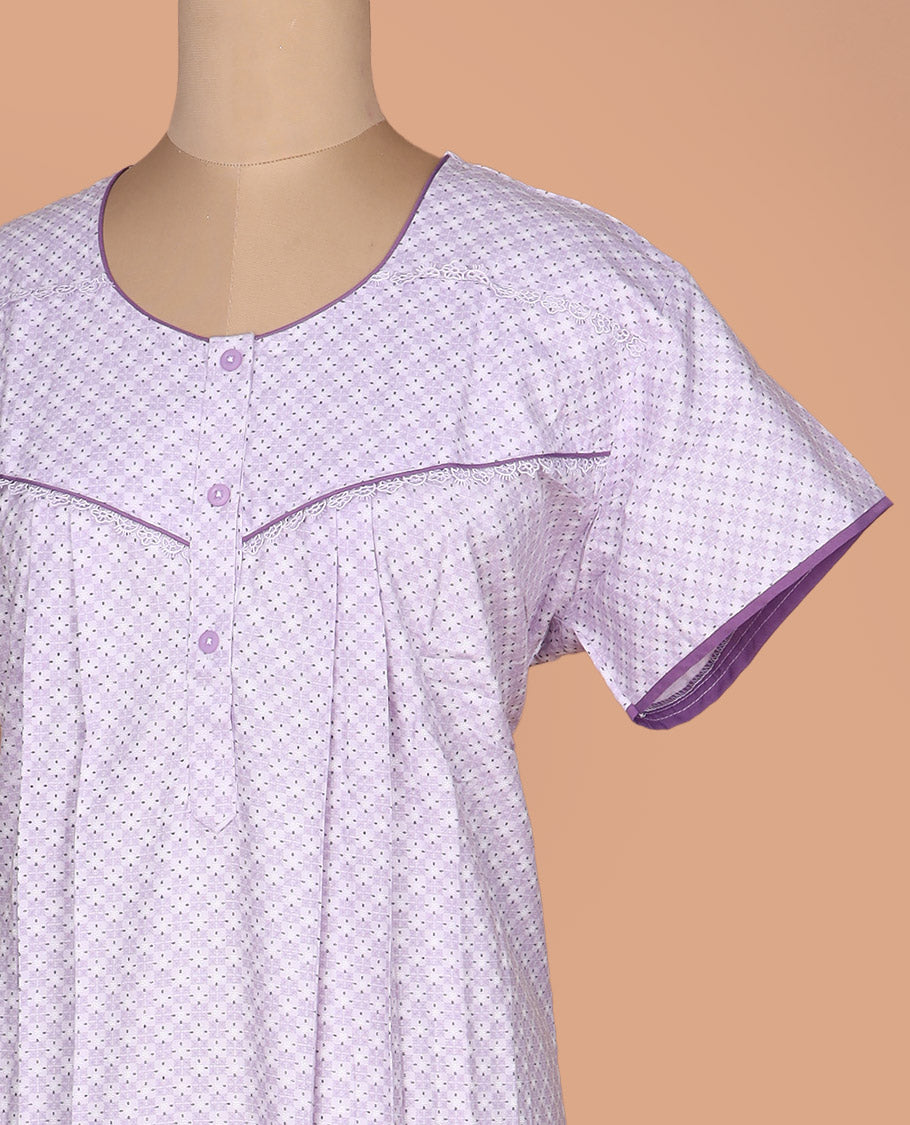 Lavender argyle printed round neck lace work half-sleeve cotton nighty