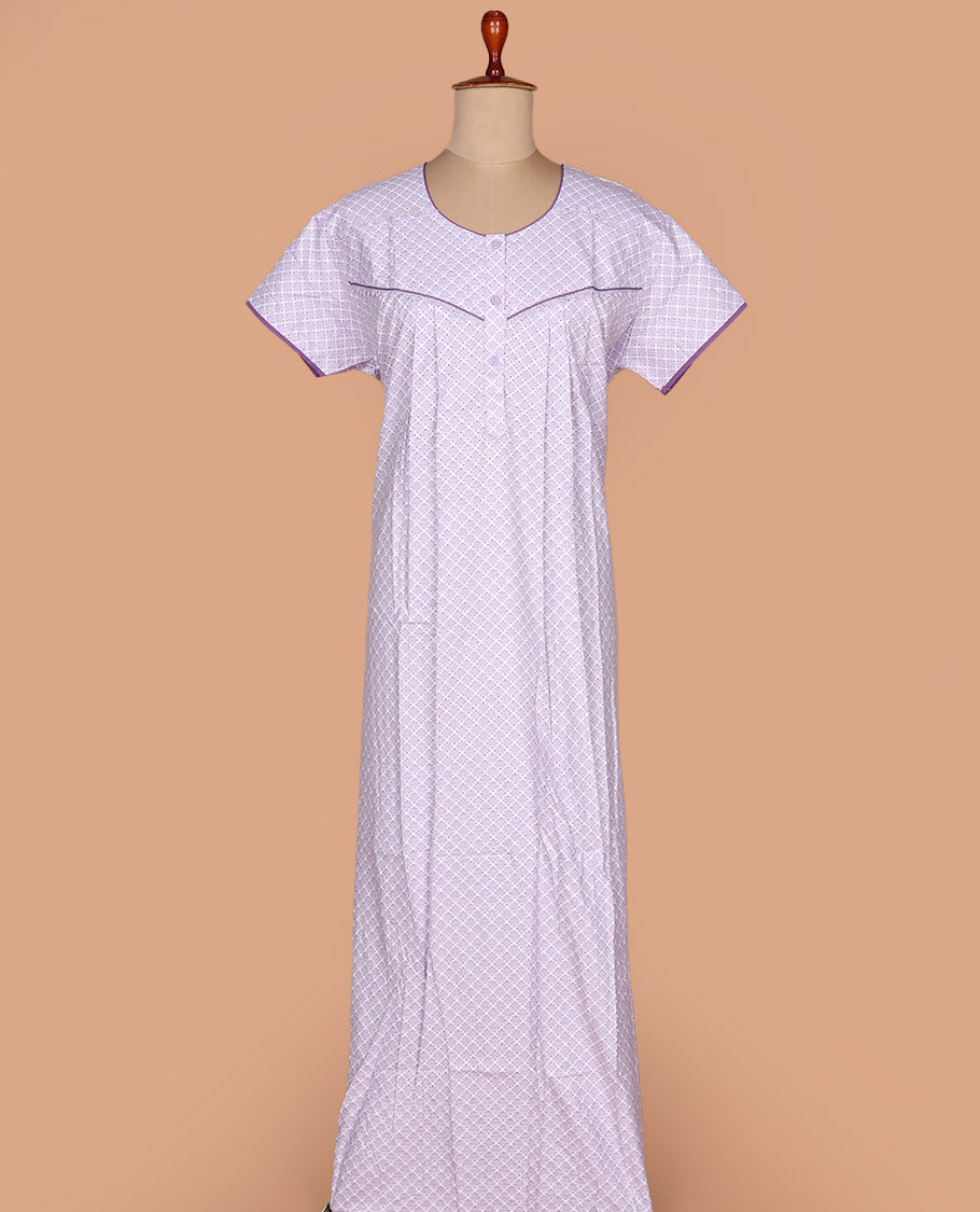 Lavender argyle printed round neck lace work half-sleeve cotton nighty