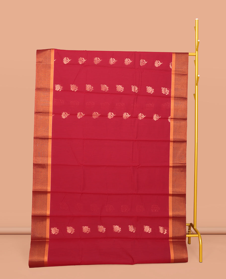 Red Semi-Silk Cotton Saree, Beautifully Bedecked with Zari Buttas All Over Its Body, Complemented by a Contrast Zari Border, Intricately Designed Pallu, and Paired with a Matching Blouse