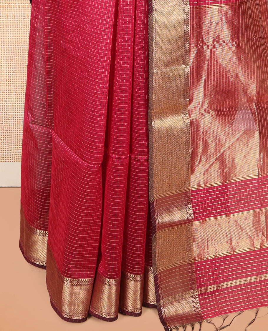 Red Maheshwari Cotton Saree, Woven with Zari Checks, a Traditional Zari Border, Gleaming Zari Pallu, and a Matching Blouse