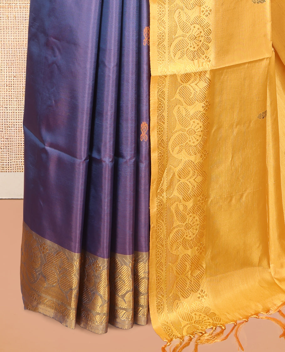 Violet Banana Pith Saree, Woven with Thread Buttas, a Contrast Traditional Zari Border, Pallu of Buttas, and a Contrast Blouse