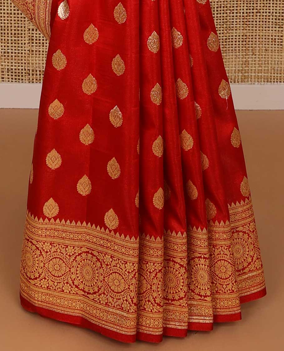 Red floral buttas semi banaras nylon saree with self floral zari design border & paisley design pallu