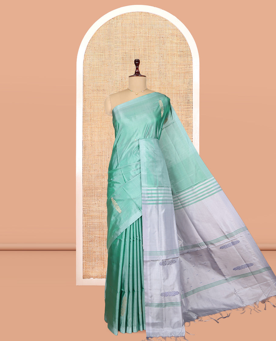 Borderless Green Banana Pith Saree, Woven with Buttas, a Contrast Pallu of Stripes and Buttas, and a Contrast Blouse