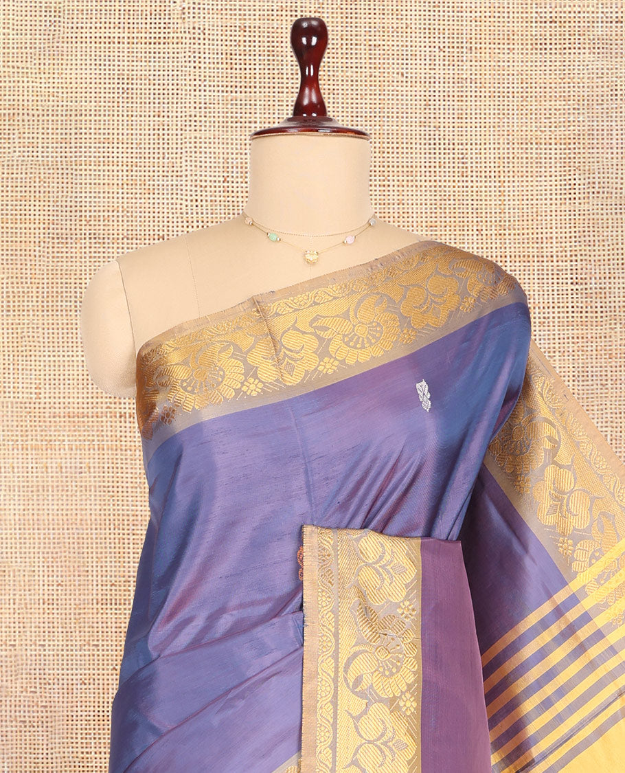Violet Banana Pith Saree, Woven with Thread Buttas, a Contrast Traditional Zari Border, Pallu of Buttas, and a Contrast Blouse
