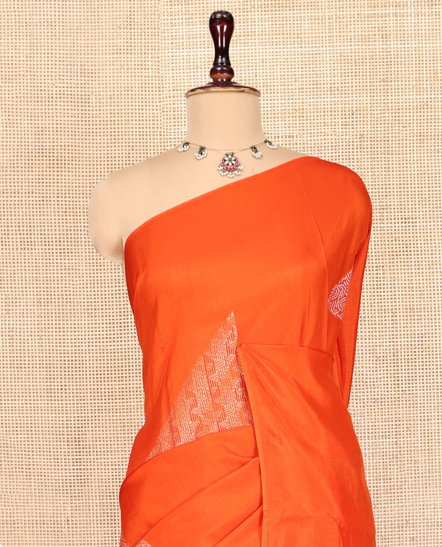 Borderless Orange Chanderi Cotton Saree, Richly Detailed with Zari Triangle Motifs Steeped All Over Its Body, Highlighted by Grand Zari Rich Pallu, and Paired with a Matching Brocade Blouse