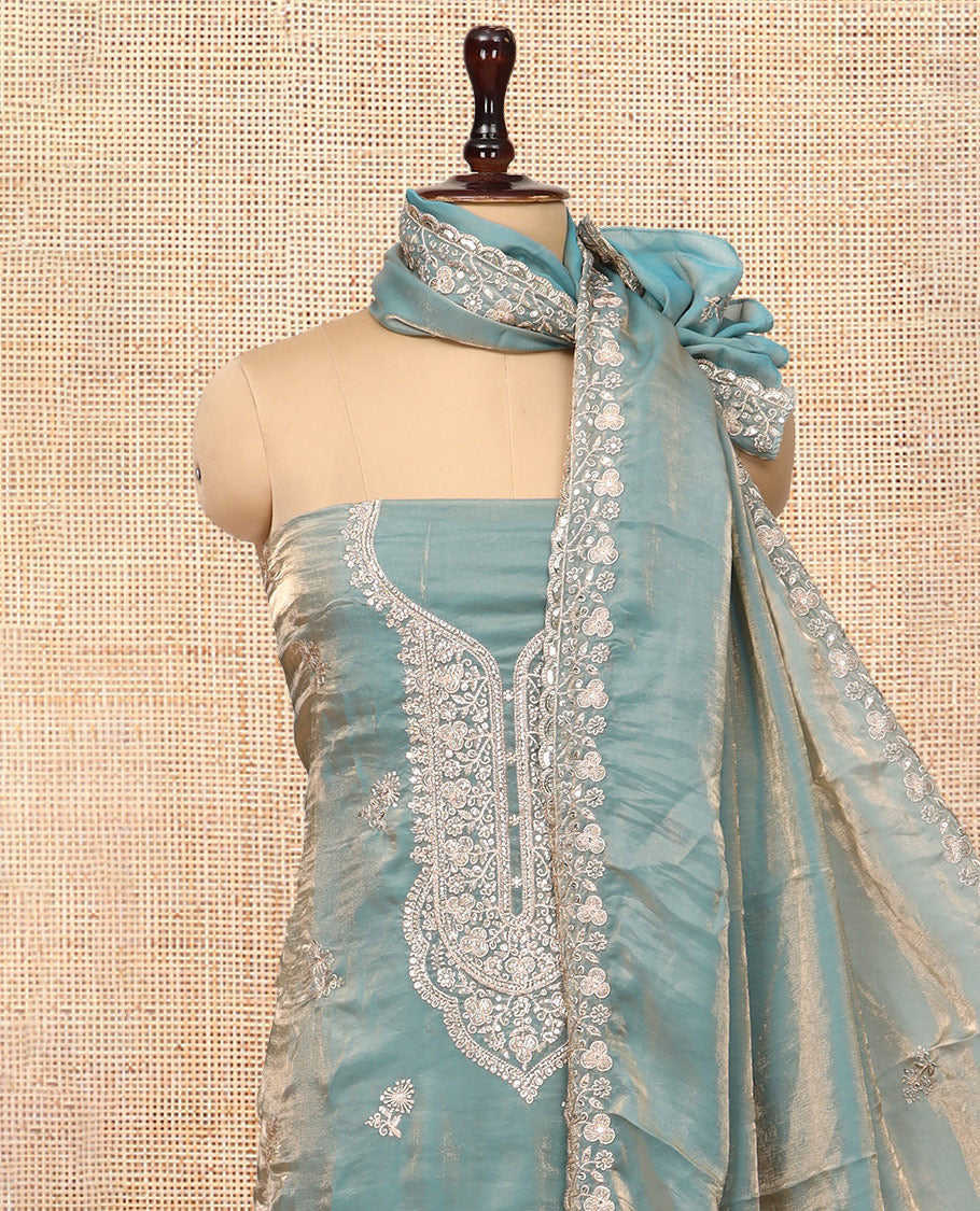 Steel Blue Fendy Organza Material Chudidar Set, Adorned with Neck Embroidered Top, a Santoon Bottom, and a Embroidered Dupatta