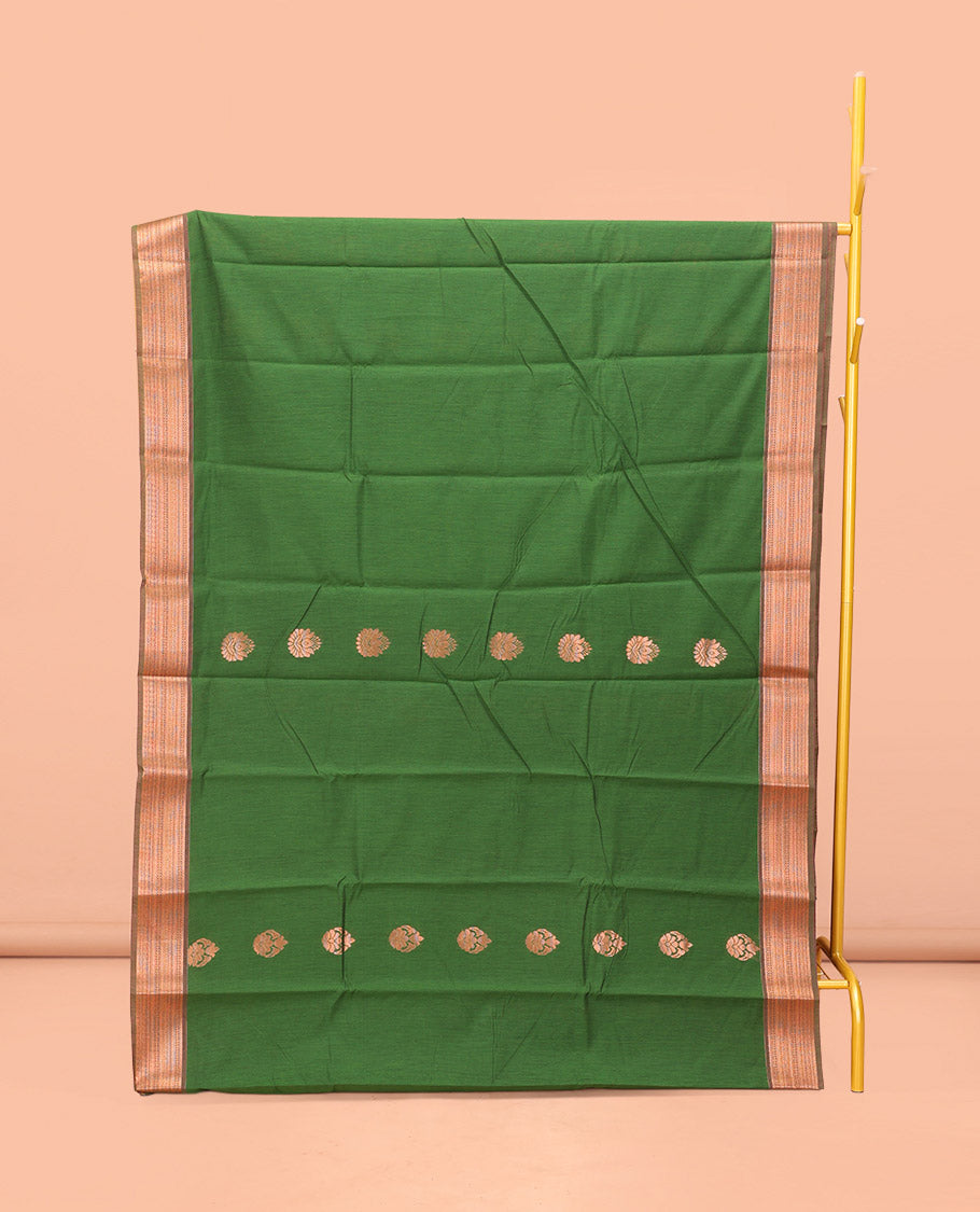 Green Semi-Silk Cotton Saree, Bedecked with Zari Buttas All Over Its Body, Highlighted by a Traditional Zari Border, Pallu of Paisley Designs, and Paired with a Matching Blouse