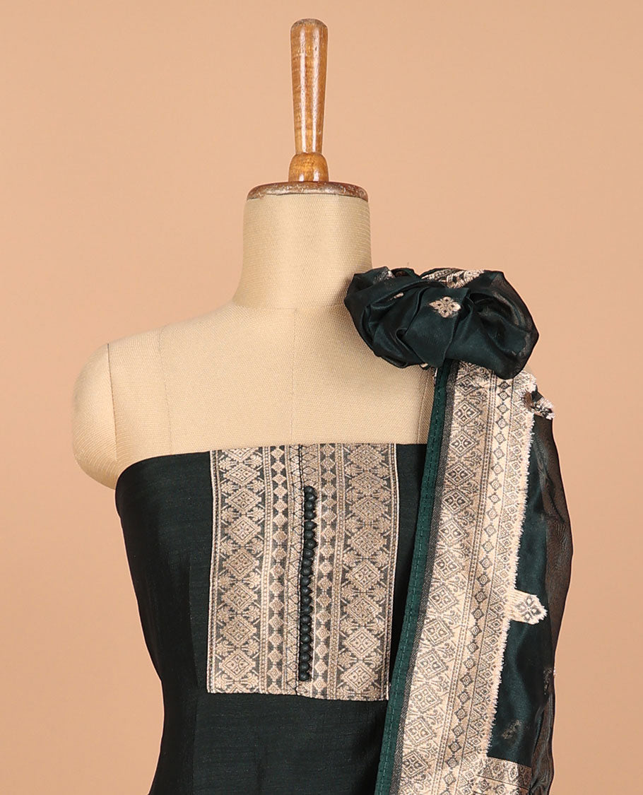 Bottle green chudidhar matrial vichitra silk neck zari border with bum bum work , santoon material pants & organza banarasi zari border, zari buttas dupatta