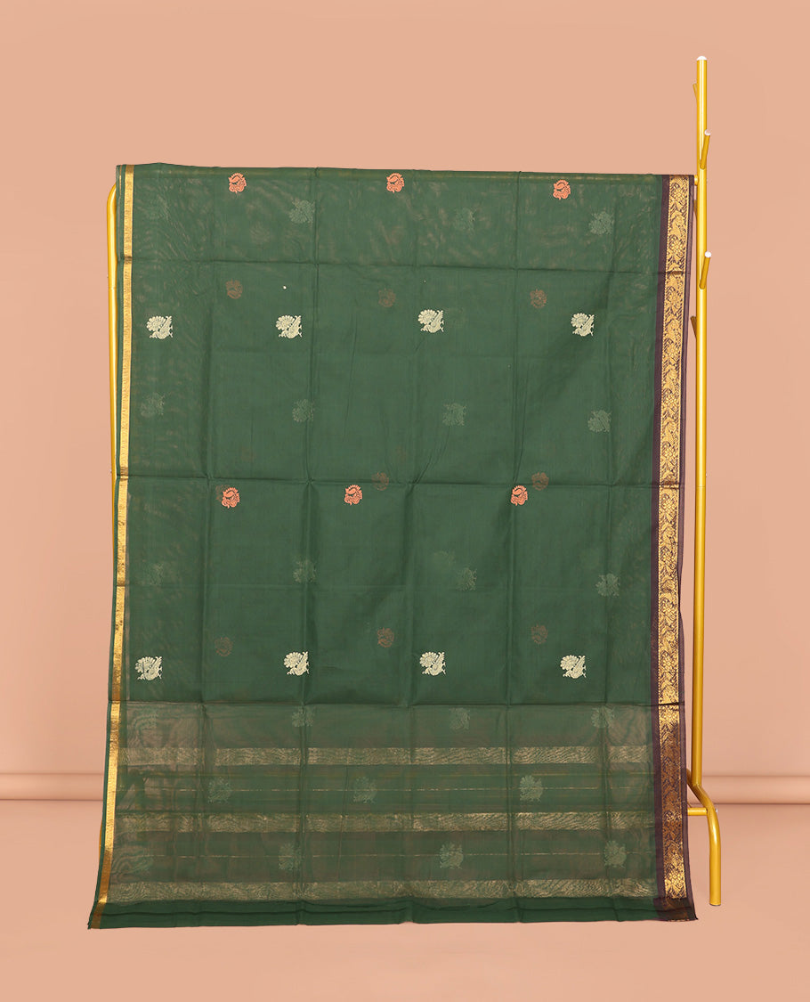 Green Venkatagiri Cotton Saree Features Peacock Buttas, a Contrast Zari Border, Pallu of Peacock Buttas and Stripes, and No Blouse