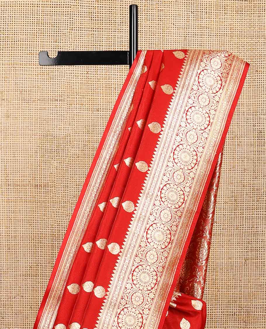 Red floral buttas semi banaras nylon saree with self floral zari design border & paisley design pallu