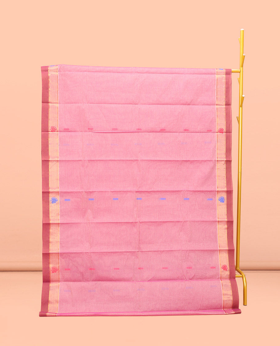 Pink Kanchi Cotton Saree, Adorned with Buttas All Over Its Body, a Complemented by Contrast Border, Pallu of Intricate Designs, and Paired with a Matching Blouse