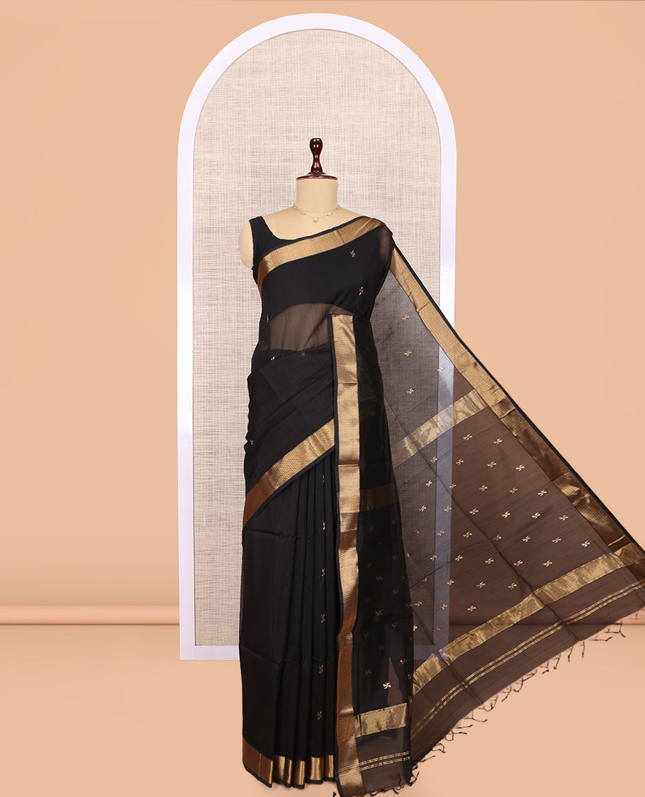 Black Maheshwari Cotton Saree, Accentuated with Buttas, Highlighted by a Traditional Zari Border, Pallu Gleamed Up with Zari Buttas, and a Matching Blouse
