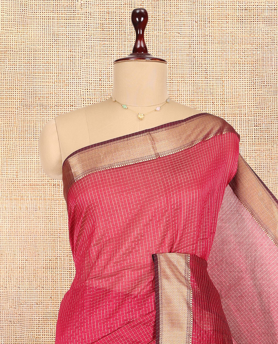 Red Maheshwari Cotton Saree, Woven with Zari Checks, a Traditional Zari Border, Gleaming Zari Pallu, and a Matching Blouse