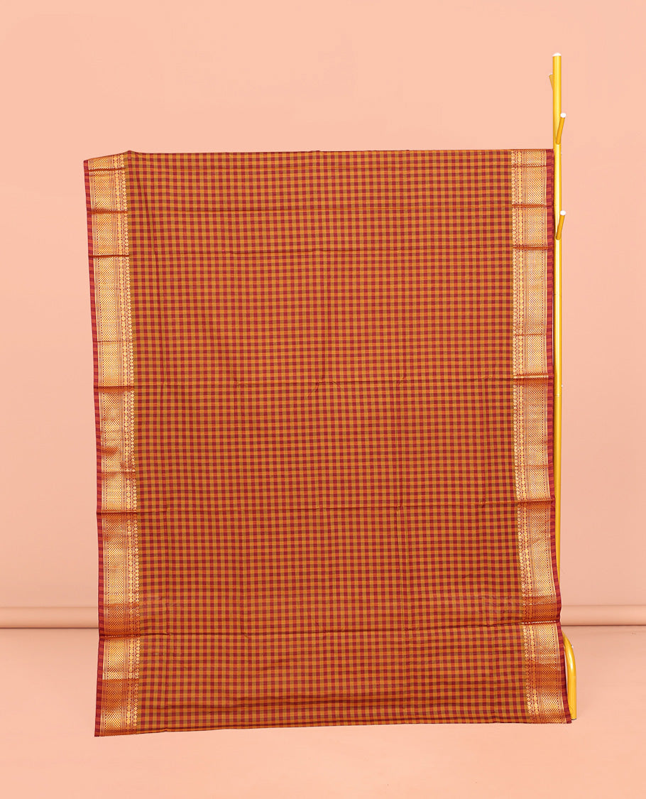 Orange-Red Chettinad Cotton Saree, Ornamented with Micro-Checks, Highlighted by Traditional Zari Border, Striped Pallu, and No Blouse
